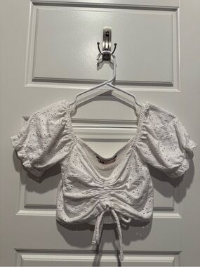 SO White Eyelet Puff-Sleeve Ruched Y2K Inspired Crop Top NWOT
